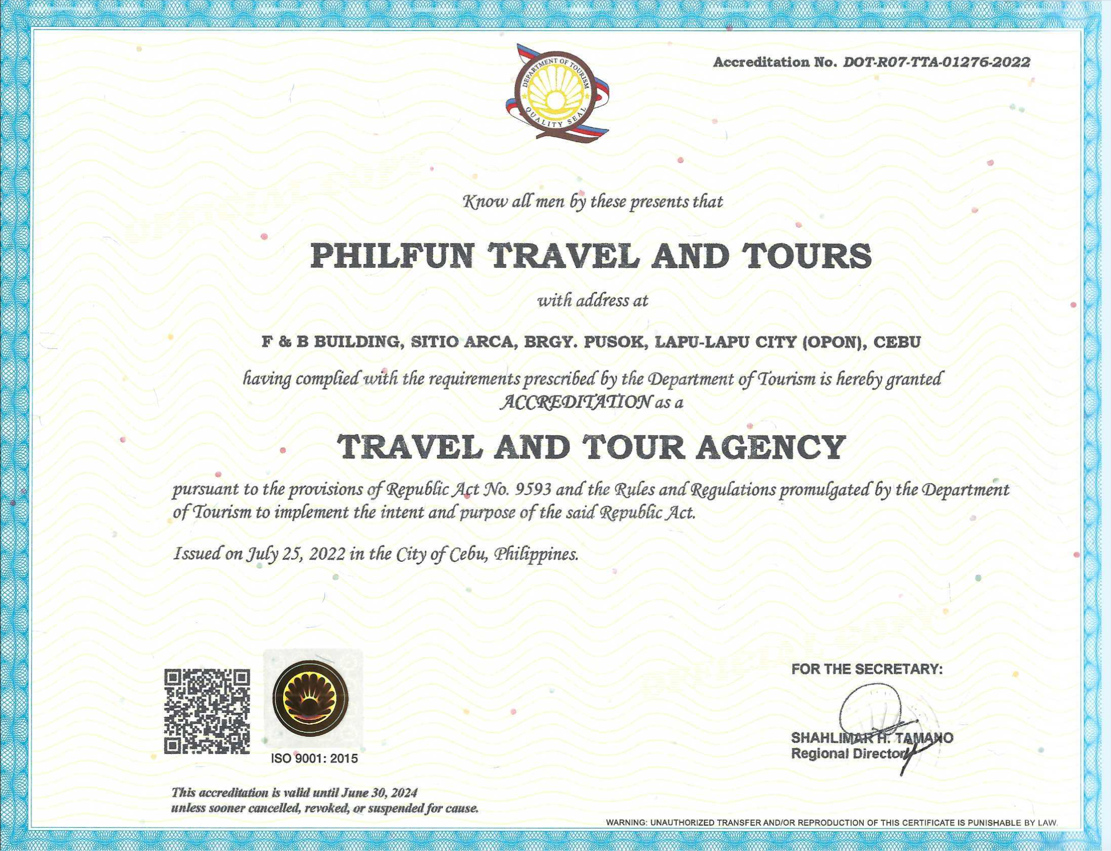 аккредитация Департамента по туризмы Филиппин Philfun